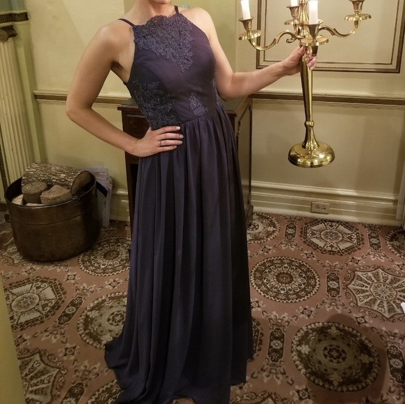 A-Line Square Neckline Floor-Length Chiffon Lace Dress - Size 8 - Picture 4 of 8
